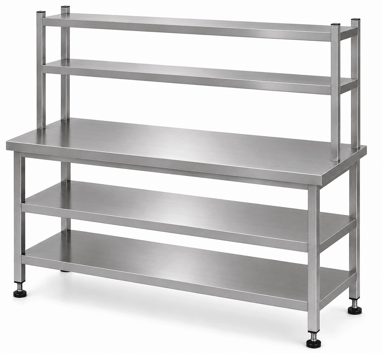 WORK TABLE WITH 2 UNDERSHELF 2 OVERHEAD SHELVES — commercial kitchen equipment by Veecos, Visakhapatnam (Vizag)